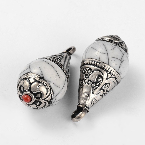

PandaHall Teardrop Tibetan Style Pendants, with Synthetic Turquoise and Antique Silver Brass Findings, Light Grey, 34x15.5mm, Hole: 4mm..., Gray