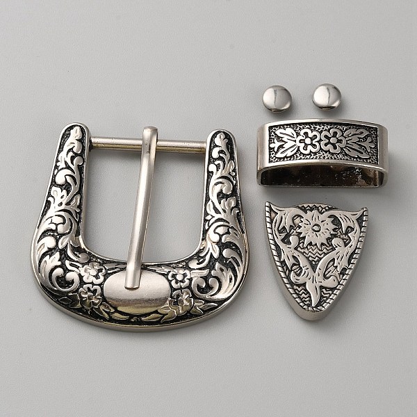 

PandaHall Belt Alloy Buckle Sets, include Roller Buckle, Rectangle Silder Charm, Triangle Zipper Stopper, Antique Silver, 53x55x7mm Alloy