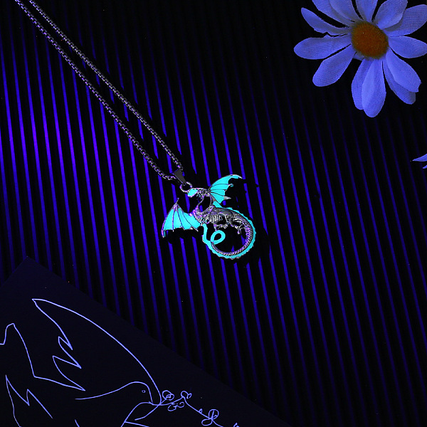 

PandaHall Luminaries Alloy Enamel Dragon Pendant Necklace with Titanium Steel Box Chains, Glow In The Dark Jewelry for Men Women, Cyan...