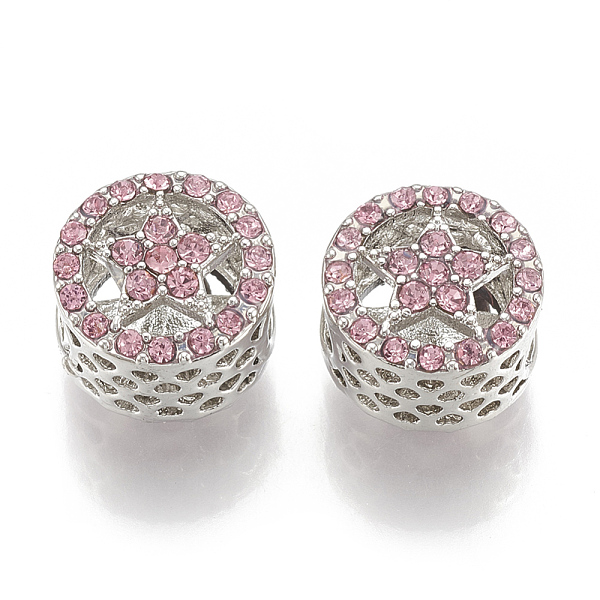 

PandaHall Alloy Rhinestone European Beads, Hollow, Large Hole Beads, Flat Round with Star, Platinum, Rose, 12x11x9mm, Hole: 5mm..., Pink