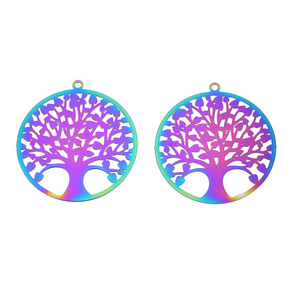 

PandaHall Ion Plating(IP) 201 Stainless Steel Filigree Pendants, Etched Metal Embellishments, Tree of Life, Rainbow Color, 27x25x0.2mm, Hole...
