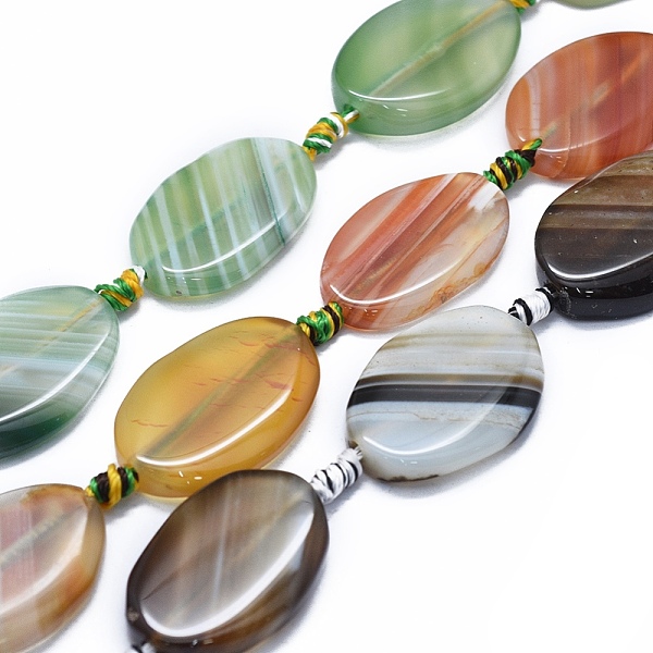 

PandaHall Natural Banded Agate/Striped Agate Beads Strands, Dyed & Heated, Oval, Mixed Color, 28~31x20~21x5~6mm, Hole: 2~2.5mm, about..., Multicolor