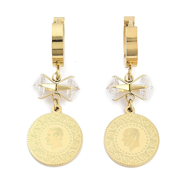 

PandaHall Flat Round with Humen 304 Stainless Steel Dangle Earrings, Bowknot Glass Hoop Earrings for Women, Real 18K Gold Plated, 39x14mm..., Clear