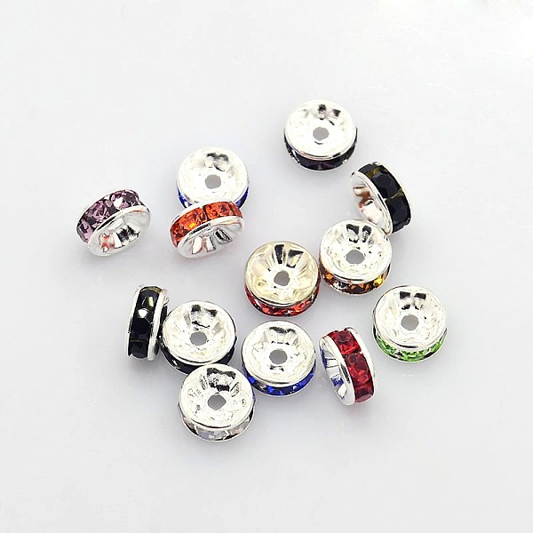 

PandaHall Brass Rhinestone Spacer Beads, Grade A, Straight Flange, Silver Color Plated, Rondelle, Mixed Color, 8x3.8mm, Hole: 1.5mm..., Multicolor
