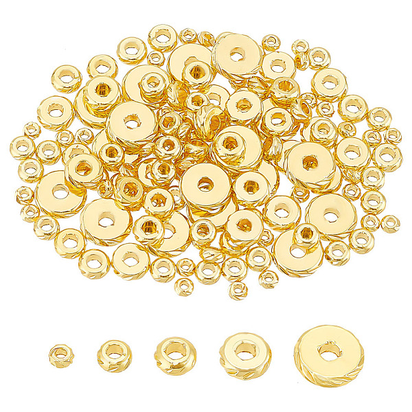 

PandaHall BENECREAT 140Pcs 5 Sizes 18K Gold Plated Brass Beads, 3/4/5/6/8mm Gold Rondelle Flat Beads, Fancy Cut Spacer Beads, Metal Heishi...