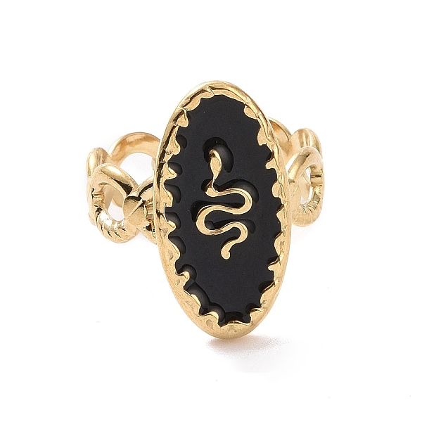 Anillo Ovalado De Esmalte Negro Con Serpiente Abierta