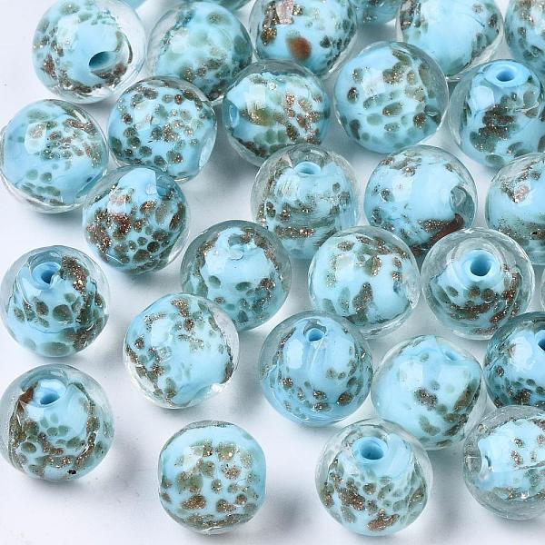 

PandaHall Handmade Lampwork Beads, with Gold Sand, Round, Sky Blue, Size: about 12mm in diameter, hole: 2mm Lampwork Round Blue
