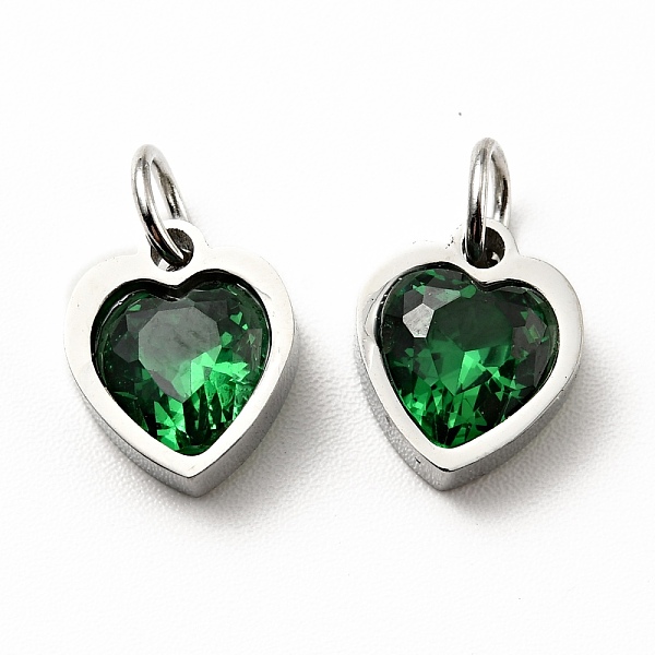

PandaHall 304 Stainless Steel Pendants, with Cubic Zirconia and Jump Rings, Single Stone Charms, Heart, Stainless Steel Color, Green...