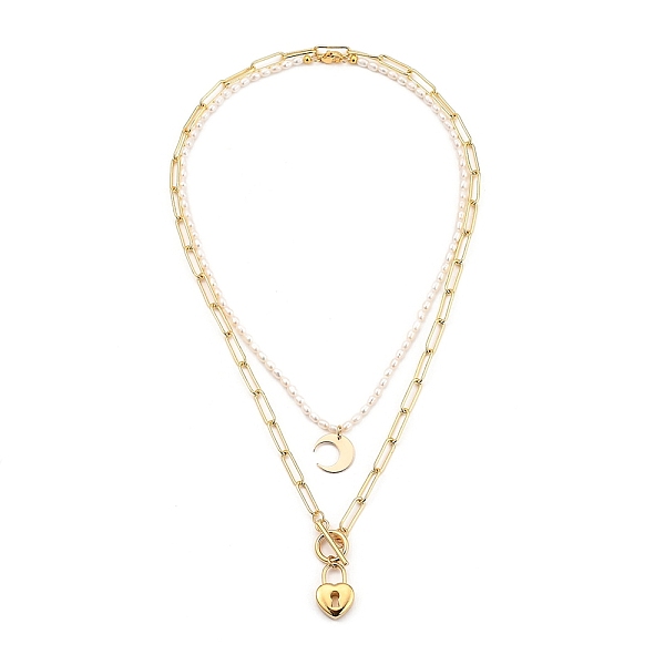 

PandaHall Pendant Necklaces Sets, with Natural Pearl Beads, Brass Paperclip Chains & Moon Charms, 304 Stainless Steel Heart Lock Pendants &...