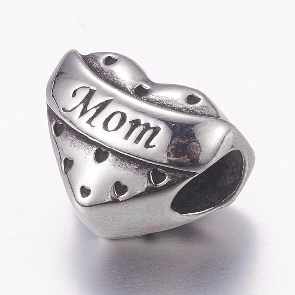 

PandaHall Mother's Day Theme, 304 Stainless Steel European Beads, Large Hole Beads, Heart with the Word Mom, Antique Silver, 12x14x11mm...