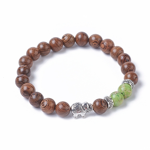 

PandaHall Dyed Wood Round Beads Stretch Bracelets, with Natural Imperial Jasper(Dyed) Beads, Tibetan Style Antique Silver Plated Alloy...