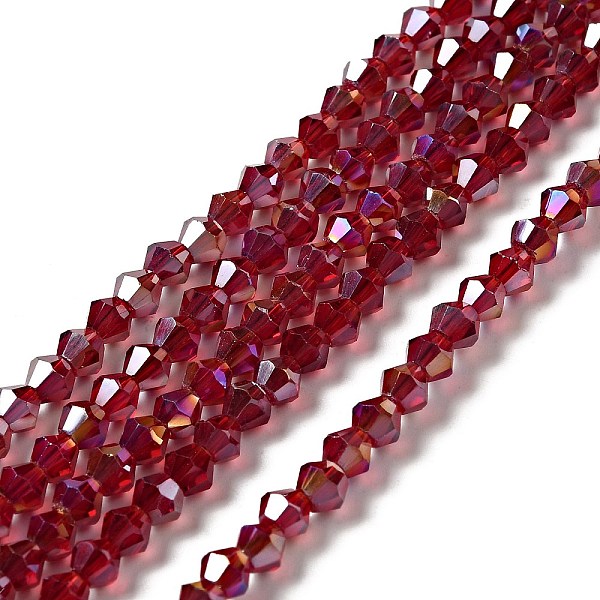 

PandaHall Glass Beads Strands, AB Color Plated, Faceted, Bicone, Dark Red, 4x4mm, Hole: 1mm, about 82~85pcs/strand, 30.5~31cm Glass Bicone...