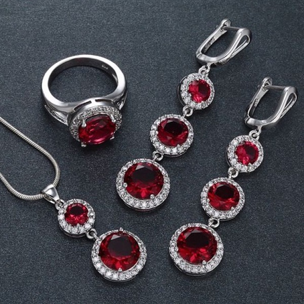 Flat Round Alloy Cubic Zirconia Pendant Necklaces & Hoop Earrings & Rings Sets