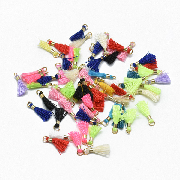 

PandaHall Polycotton(Polyester Cotton) Tassel Charms Decorations, Mini Tassel, with Unwelded Iron Jump Rings, Golden, Mixed Color, 10~16x2mm..., Multicolor