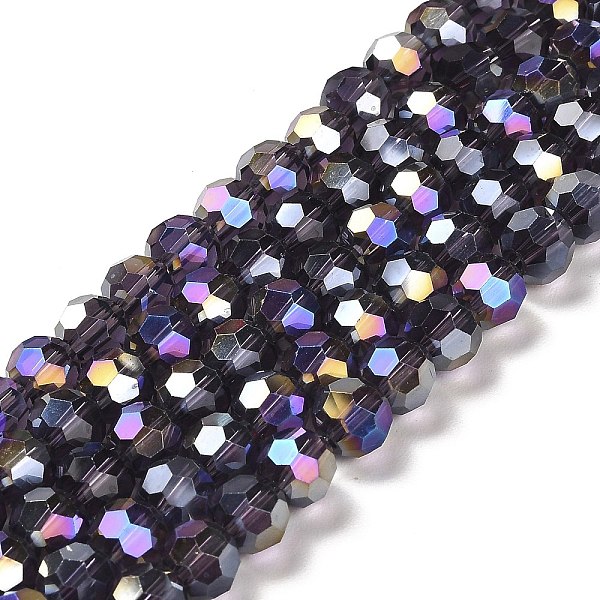 

PandaHall Transparent Glass Beads, 32 Facets, AB Color Plated, Round, Indigo, 8x7~7.5mm, Hole: 1.5mm, about 66pcs/strand, 18.82''~19.06''..., Purple