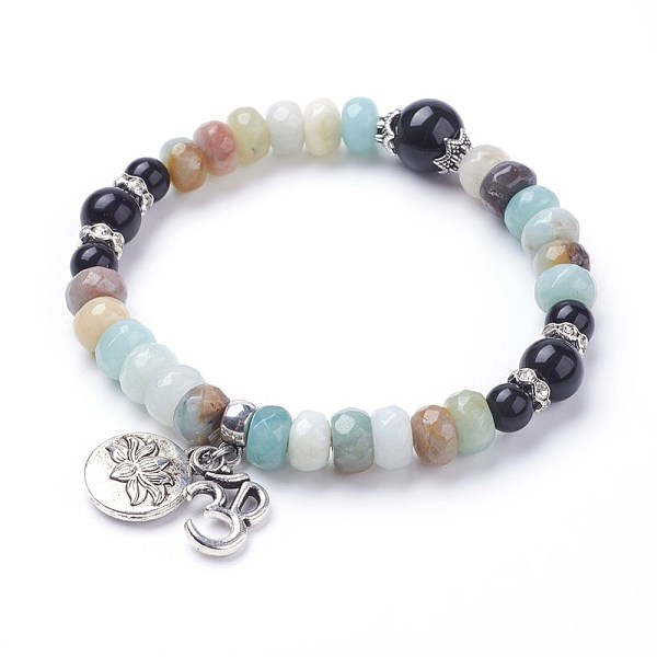 

PandaHall Natural Obsidian Stretch Charm Bracelets, with Flower Amazonite and Alloy Pendant, Flat Round with Lotus and Om Symbol, 2-1/4 inch...
