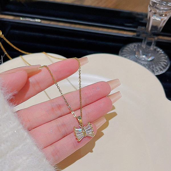 

PandaHall Titanium Steel Cable Chain Necklaces, Rhinestone Pendant Necklaces, Bowknot, 8.27~19.69 inch(21~50cm) Titanium Steel Bowknot