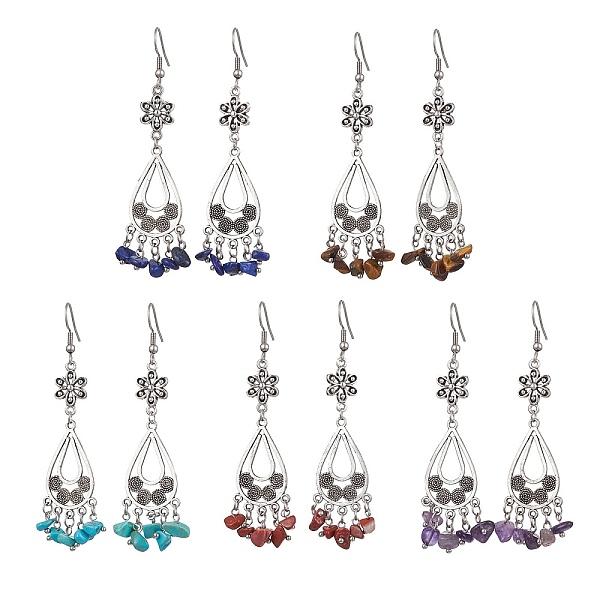 

PandaHall 304 Stainless Steel Flower & Teardrop Chandelier Earrings, Natural & Synthetic Mixed Gemstone Chips Drop Earrings, 75x19mm Mixed...