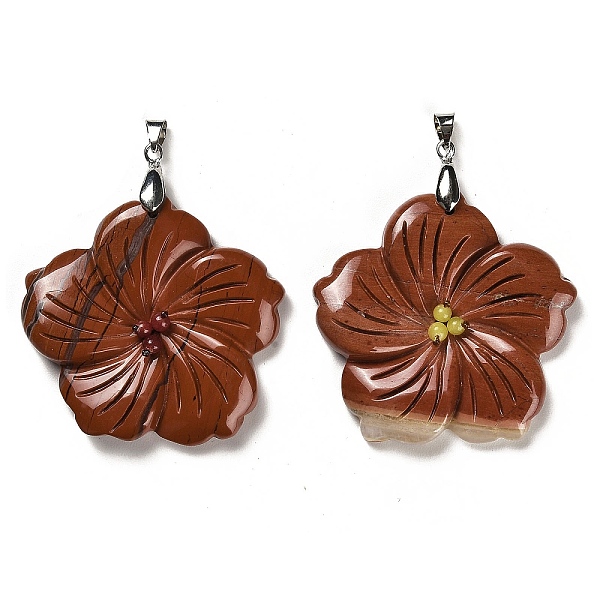 

PandaHall Natural Red Jasper Pendants, Flower Charms, with Platinum Plated Iron Snap on Bails, 46x47.5x7.5mm, Hole: 6x4mm Red Jasper Flower