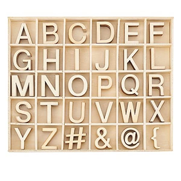 PandaHall PH 180pcs Wood Alphabet Letters, 30 Styles Mini Blank Wood Symbols Capital A-Z Letters Unfinished Wood Crafts with Storage Tray...