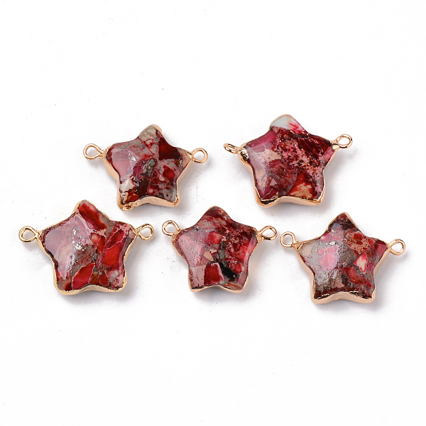 

PandaHall Synthetic Gold Line Regalite/Imperial Jasper/Sea Sediment Jasper Links Connectors, with Light Gold Plated Brass Edge, Dyed, Star..., Red