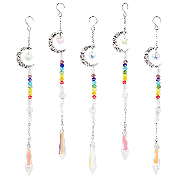 

PandaHall AHADERMAKER 1 Set Alloy Moon Pendant Decorations, 7 Chakra AB Color Plated Glass Beaded Hanging Ornament, with Glass Cone &...