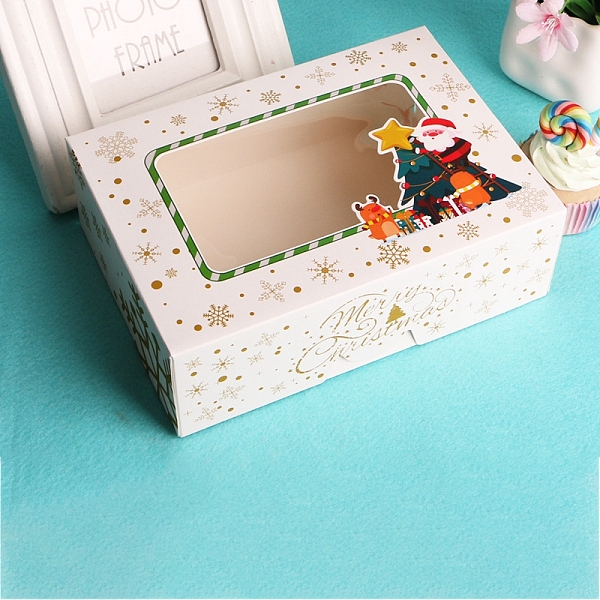PandaHall Rectangle Paper Bakery Bakery Boxes with Window, Christmas Theme Gift Box, for Mini Cake, Cupcake, Cookie Packing, White...