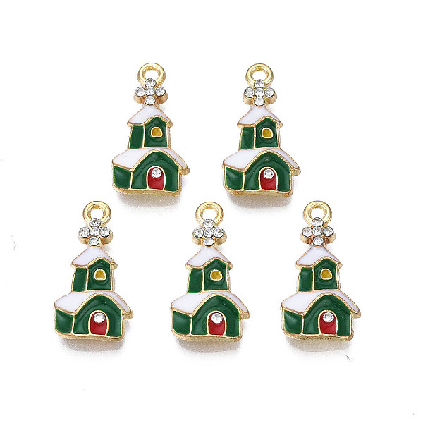 

PandaHall Rack Plating Alloy Enamel Pendants, with Crystal Rhinestone, Cadmium Free & Nickel Free & Lead Free, Light Gold, Christmas, House..., Green