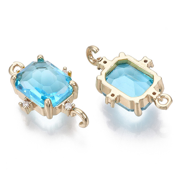 

PandaHall Glass Links connectors, with Brass Micro Pave Cubic Zirconia, Faceted, Rectangle, Light Gold, Cyan, 20x12x5.5mm, Hole: 1.2mm...