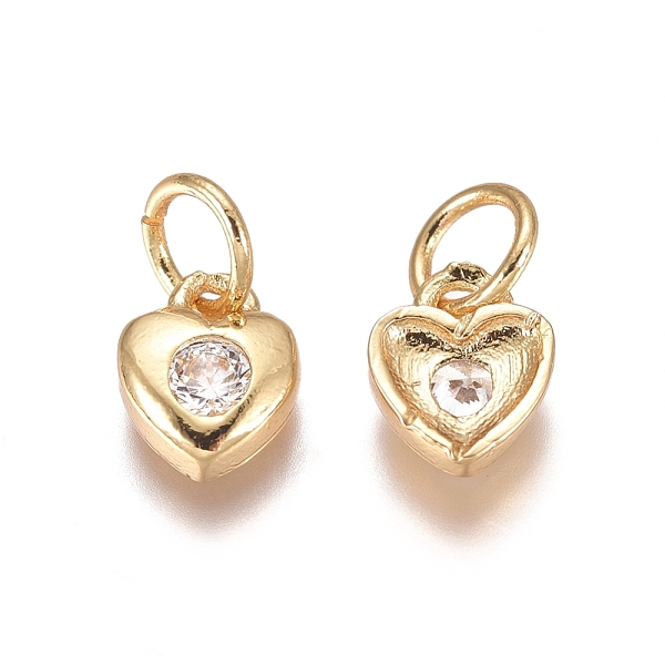 

PandaHall Brass Pendants, with Cubic Zirconia and Jump Rings, Heart, Clear, Golden, 7x6x2mm, Hole: 3mm Brass+Cubic Zirconia Heart Clear