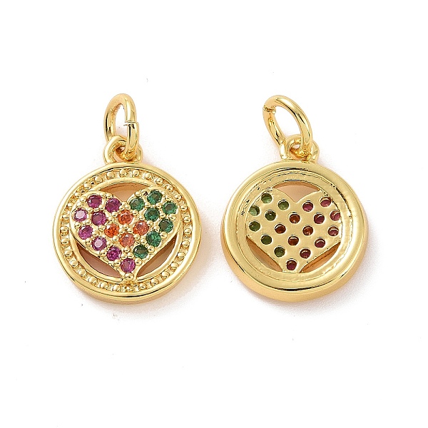 

PandaHall Brass Micro Pave Cubic Zirconia Charms, with Jump Ring, Real 18K Gold Plated, Flat Round with Heart, Colorful, 13.5x11x2.5mm, Jump...
