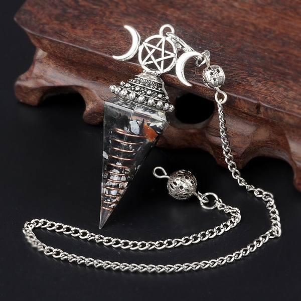 

PandaHall Natural Snowflake Obsidian Chip & Resin Orgonite Dowsing Pendulum Big Pendants, with Platinum Plated Metal Triple Moon Pentagram...