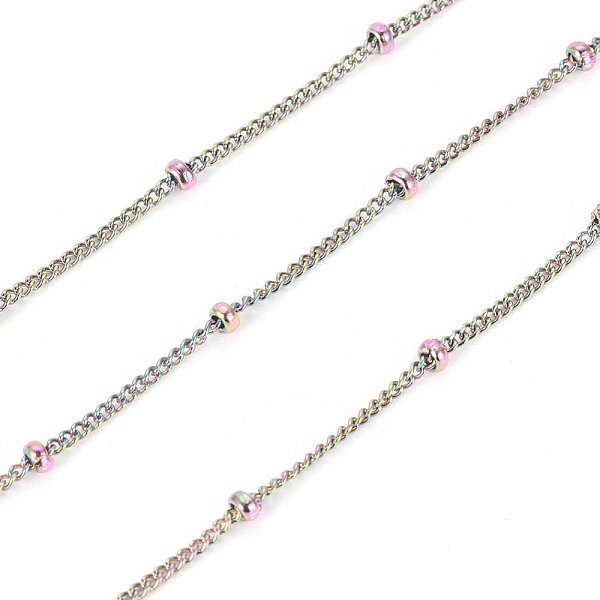 

PandaHall Ion Plating(IP) 304 Stainless Steel Curb Chains, Satellite Chains, with Beads and Spool, Soldered, Rainbow Color, 1.5x1x0.3mm...
