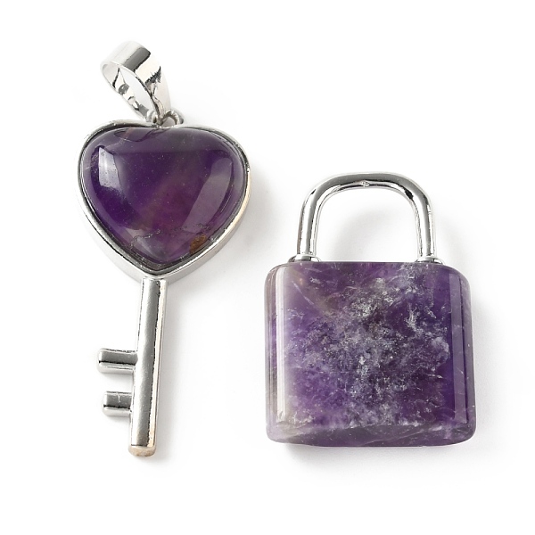 

PandaHall Natural Amethyst Pendants, with Platinum Tone Brass Findings, Key & Lock, 27~36.5x17~19.5x6.5~7mm, Hole: 8~9x5~9mm Amethyst Key