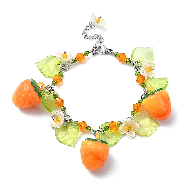 

PandaHall Glass & Resin & Acrylic Flower Charm Bracelet, 304 Stainless Steel Jewelry, Strawberry, 7-1/4 inch(18.5cm) Resin Strawberry Orange