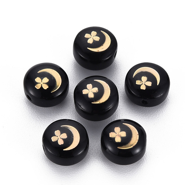 

PandaHall Handmade Lampwork Beads, with Golden Plated Brass Etched Metal Embellishments, Flat Round, Moon with Flower, Black, 8x5~6mm, Hole...