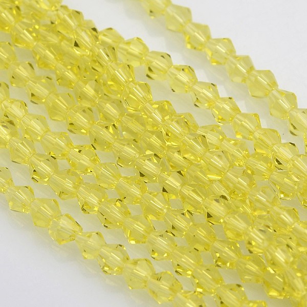 

PandaHall Bicone Glass Beads Strands, Faceted, Yellow, 3.5x3mm, Hole: 1mm, about 113~115pcs/strand, 36~36.5cm Glass Bicone Yellow