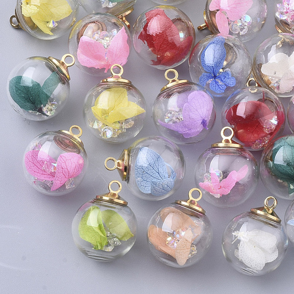 

PandaHall Transparent Glass Globe Pendants, with Leaf, Resin Rhinestone and Brass Findings, Round, Light Gold, Mixed Color..., Multicolor
