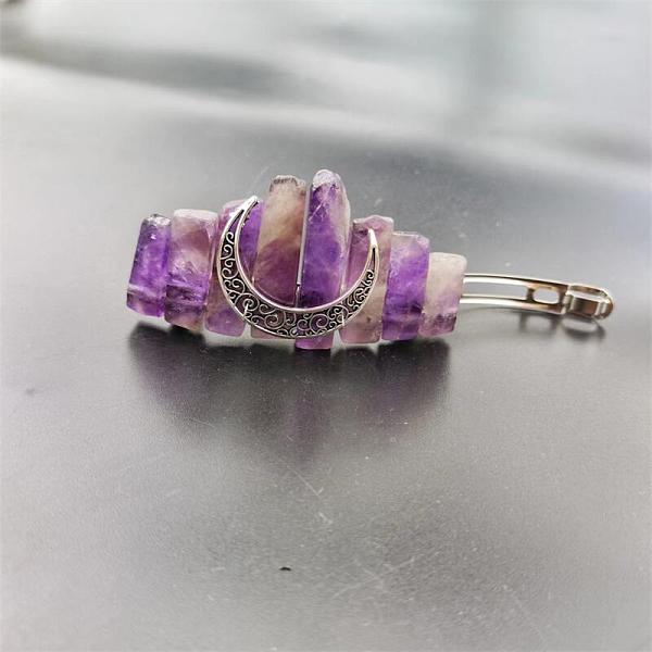

PandaHall Bohemian Style Natural Amethyst & Hollow Moon Crown Hair Barrettes, with Metal Clips, for Women Girls, 80mm Amethyst Moon