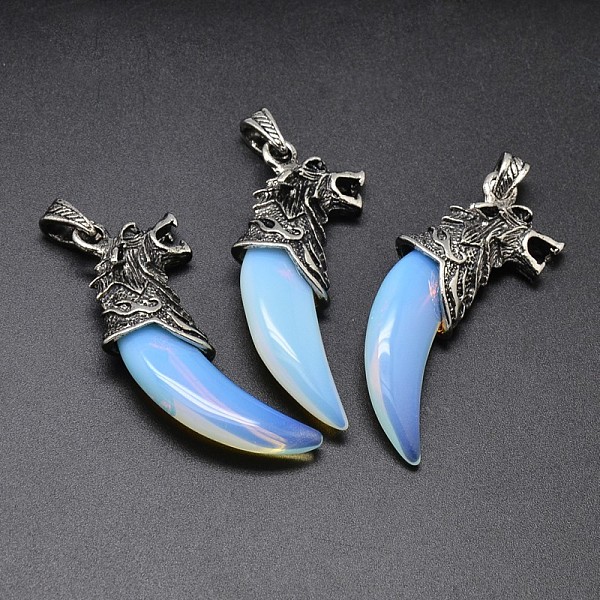 Tusk With Wolf Antique Silver Zinc Alloy Opal Big Pendants