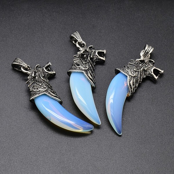 

PandaHall Tusk with Wolf Antique Silver Zinc Alloy Opal Big Pendants, Lead Free & Nickel Free, 53~57x23x10mm, Hole: 4.5x8mm Opalite Horn