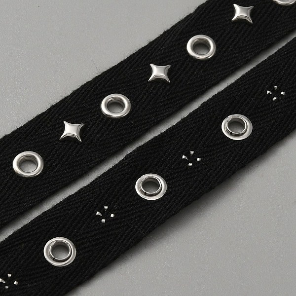 

PandaHall Cotton Ribbon, Herringbone Ribbon with Stainless Steel Color Plated Stainless Steel Rivet and Eyelet, Black, Star Pattern, 3/4...