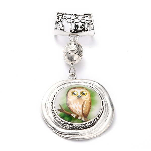 

PandaHall Glass Pendants, with Alloy Finding, Flat Round with Owl Pattern, Antique Silver, 114mm, Hole: 15mm Alloy+Glass Flat Round