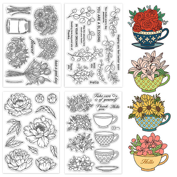 

PandaHall Globleland 4Pcs 4 Styles PVC Plastic Stamps, for DIY Scrapbooking, Photo Album Decorative, Cards Making, Stamp Sheets, Flower...