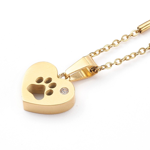 

PandaHall 304 Stainless Steel Heart with Dog Paw Print Pendant Necklaces, with Rhinestone and Cable Chains, Golden, 17.32 inch(44cm) 304..., Clear