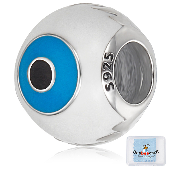 

PandaHall Beebeecraft 1Pc Rhodium Plated 925 Sterling Silver European Beads, Large Hole Beads, with Enamel, Round with Evil Eye, with 2Pcs...