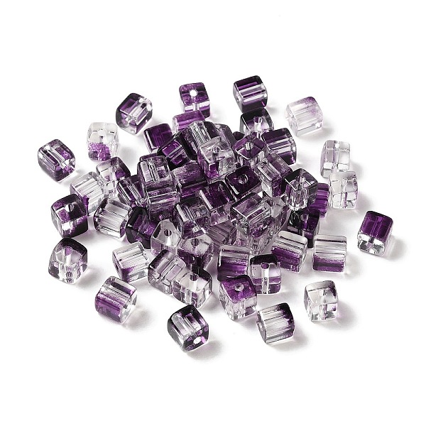 

PandaHall Two Tone Transparent Glass Beads, Cube, Purple, 6x6x7mm, Hole: 1.4mm, about 500pcs/bag Glass Cube Purple