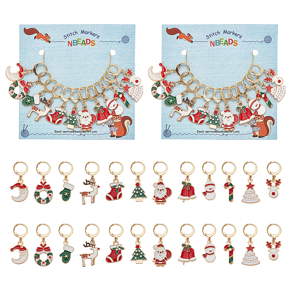 PandaHall Alloy Enamel Christmas Theme Pendant Locking Stitch Markers, 304 Stainless Steel Clasps Stitch Marker, Snowflake/Reindeer/Santa...