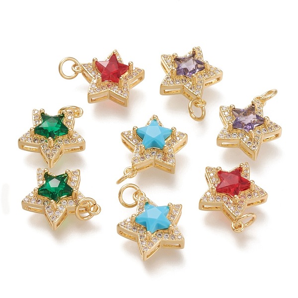 

PandaHall Brass Glass Pendants, with Micro Pave Clear Cubic Zirconia and Jump Ring, Star, Real 18K Gold Plated, Mixed Color, 15.5x14x6.5mm..., Multicolor