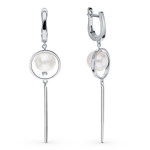 

PandaHall Rhodium Plated 925 Sterling Silver Geometric Dangle Hoop Earring, with Pearl Round Beads, Platinum, 65mm Pearl